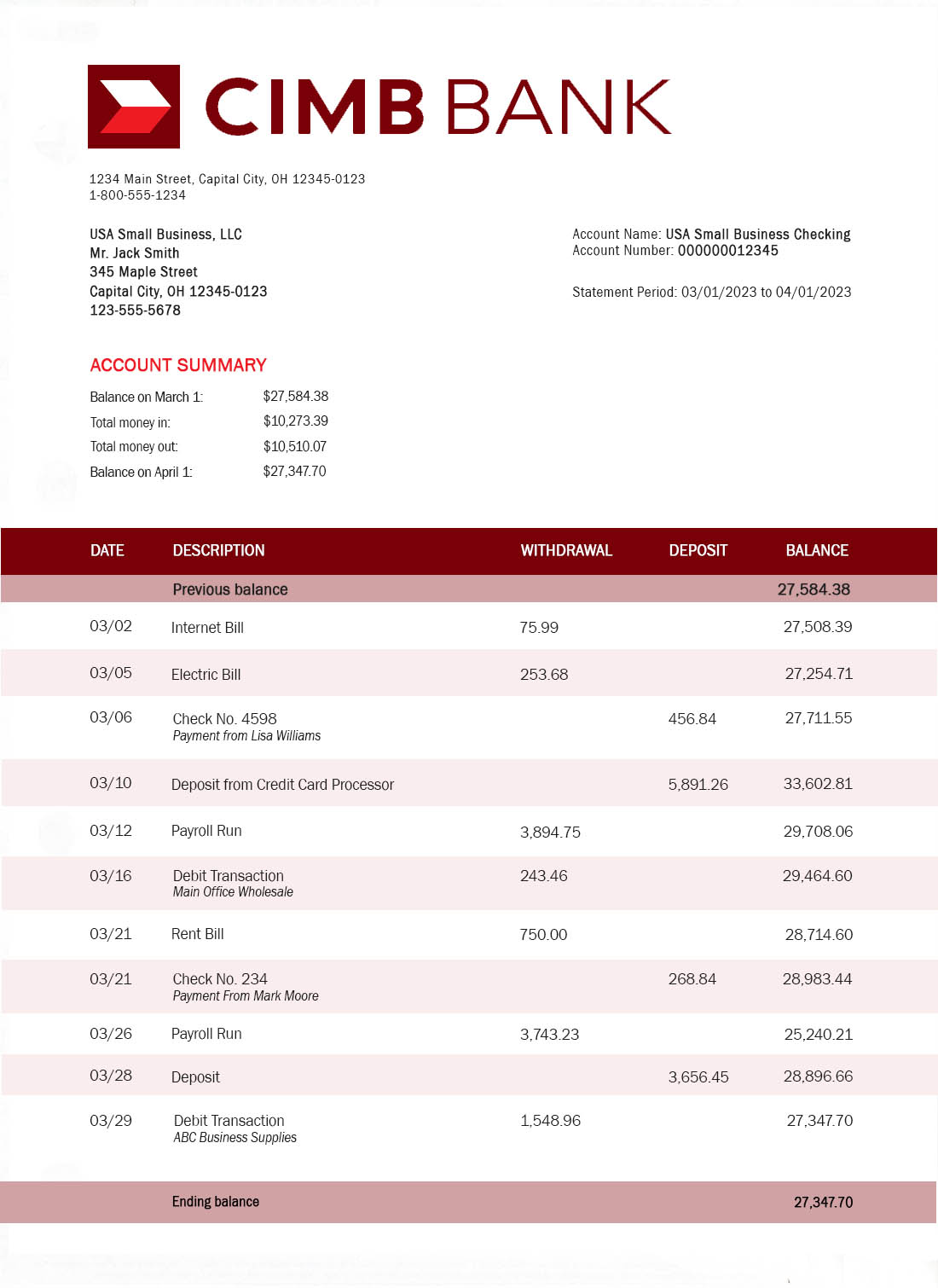 Relevé bancaire de la Banque CIMB